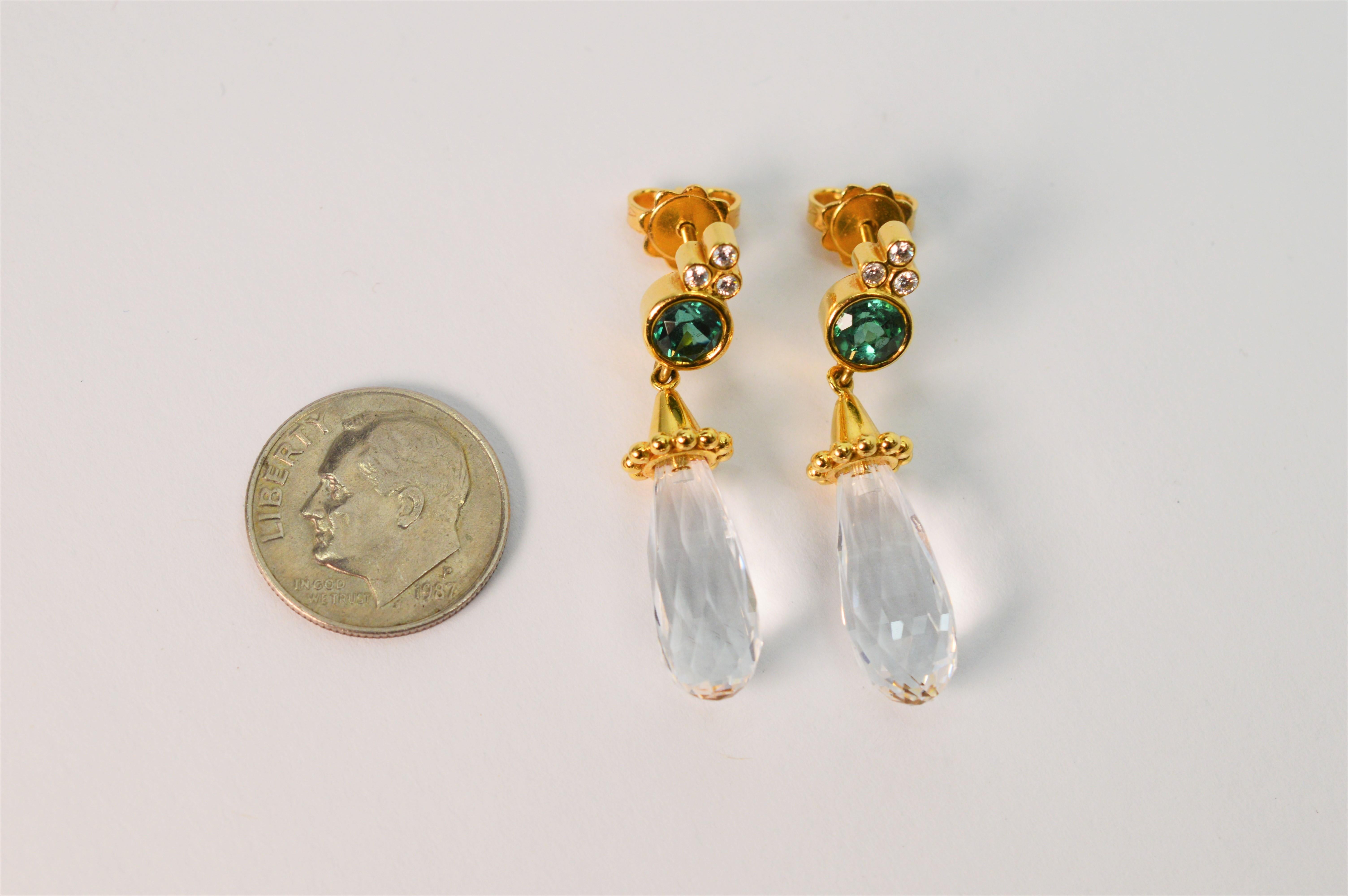 Briolette Rock Crystal Yellow Gold Drop Earrings w Emerald Diamond Accents In Excellent Condition For Sale In Mount Kisco, NY