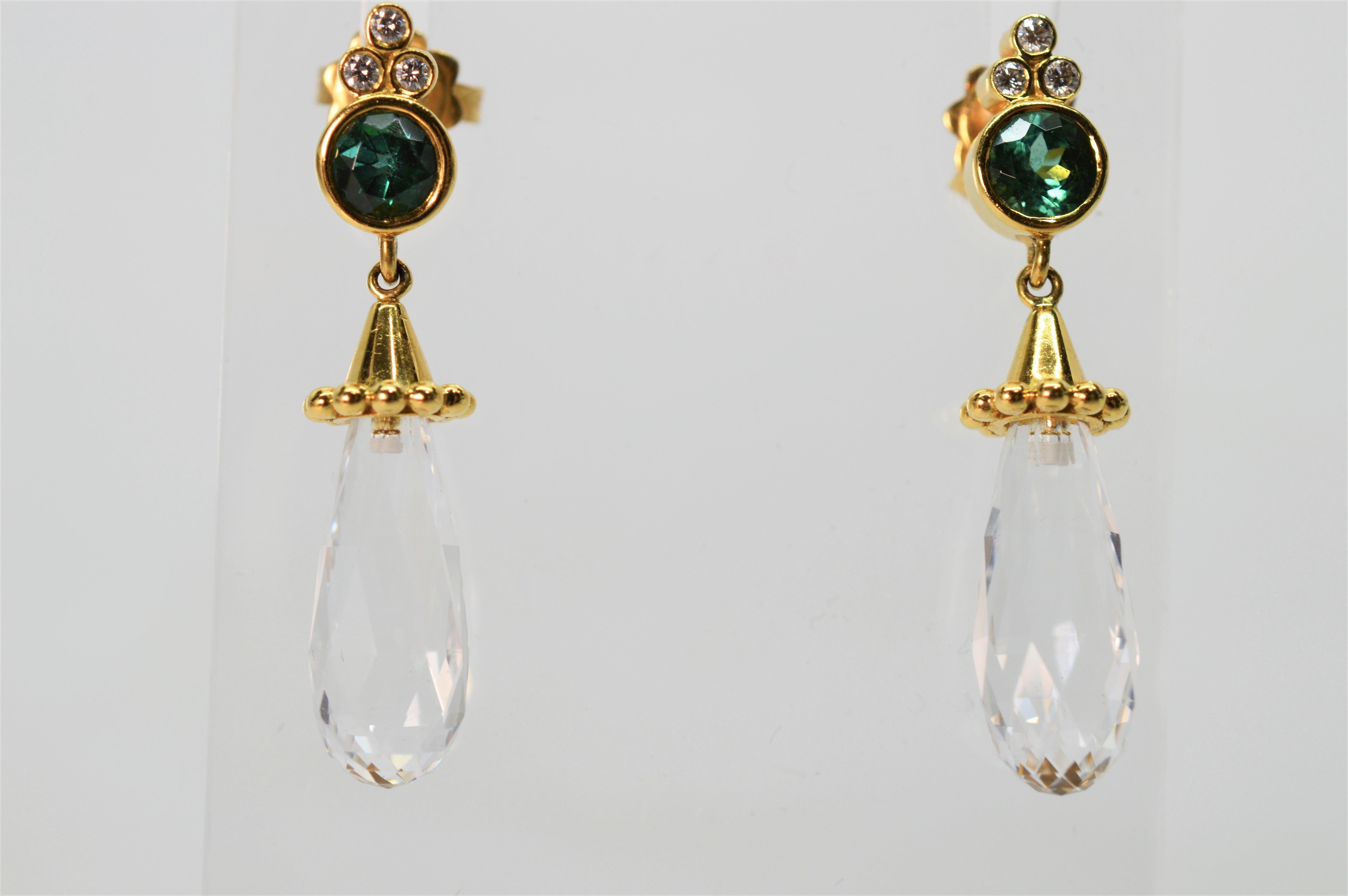 Women's Briolette Rock Crystal Yellow Gold Drop Earrings w Emerald Diamond Accents For Sale