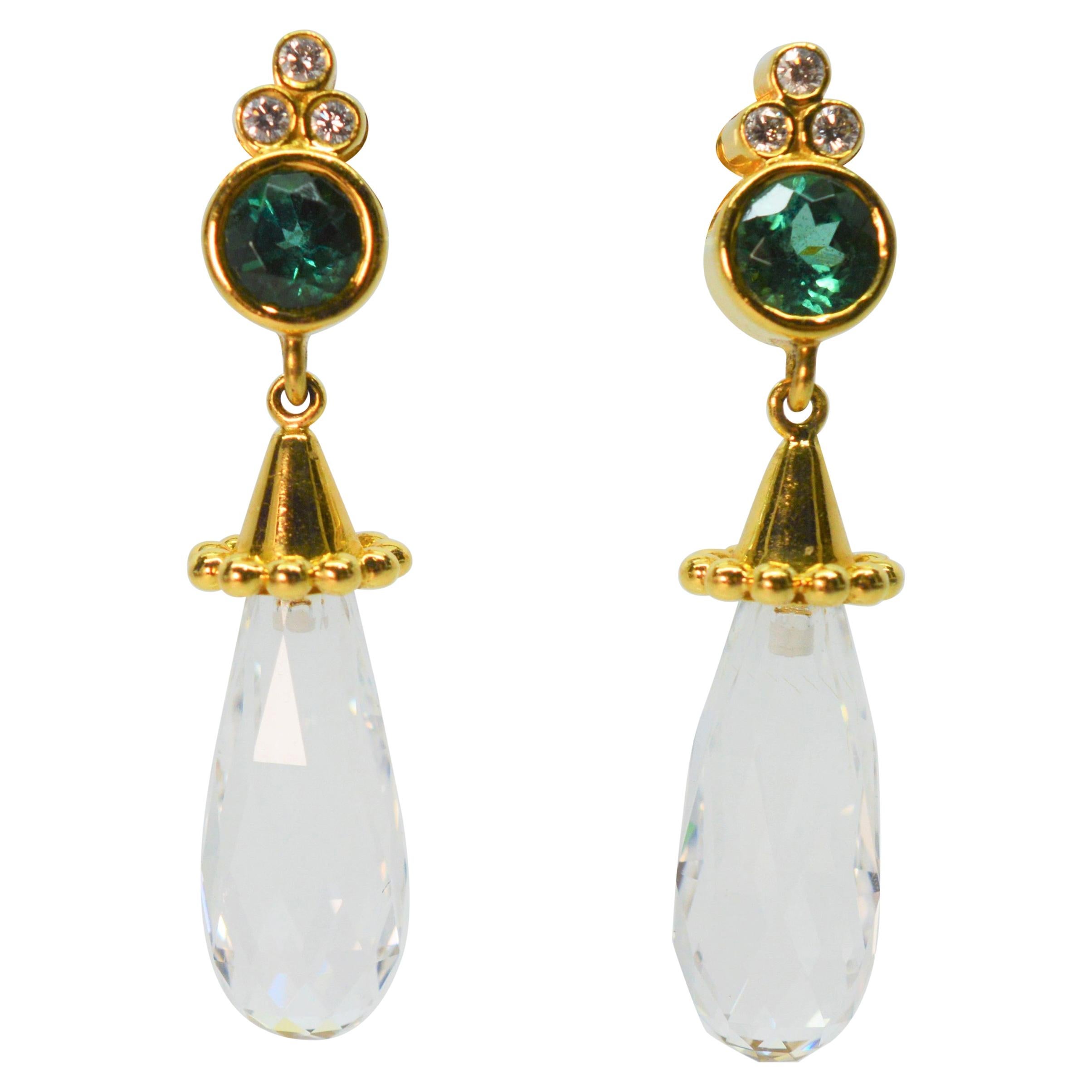 Briolette Rock Crystal Yellow Gold Drop Earrings w Emerald Diamond Accents For Sale