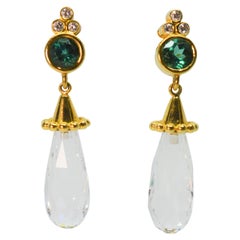 Briolette Rock Crystal Yellow Gold Drop Earrings w Emerald Diamond Accents