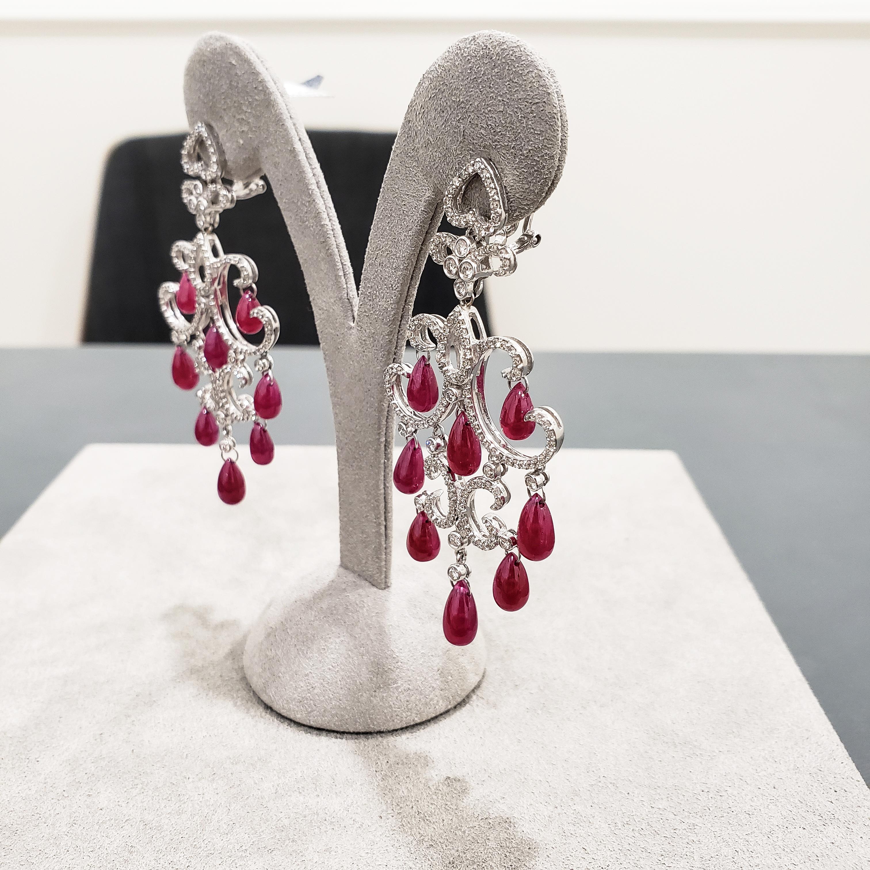 32.20 Carats Briolette Shape Rubies with Round Diamonds Chandelier Earrings In Excellent Condition For Sale In New York, NY