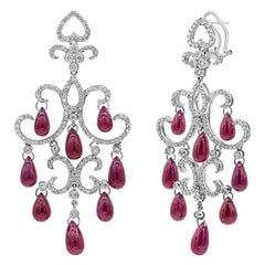 Roman Malakov 34.10 Carat Pear Shape Cabochon Ruby & Diamond Chandelier Earrings
