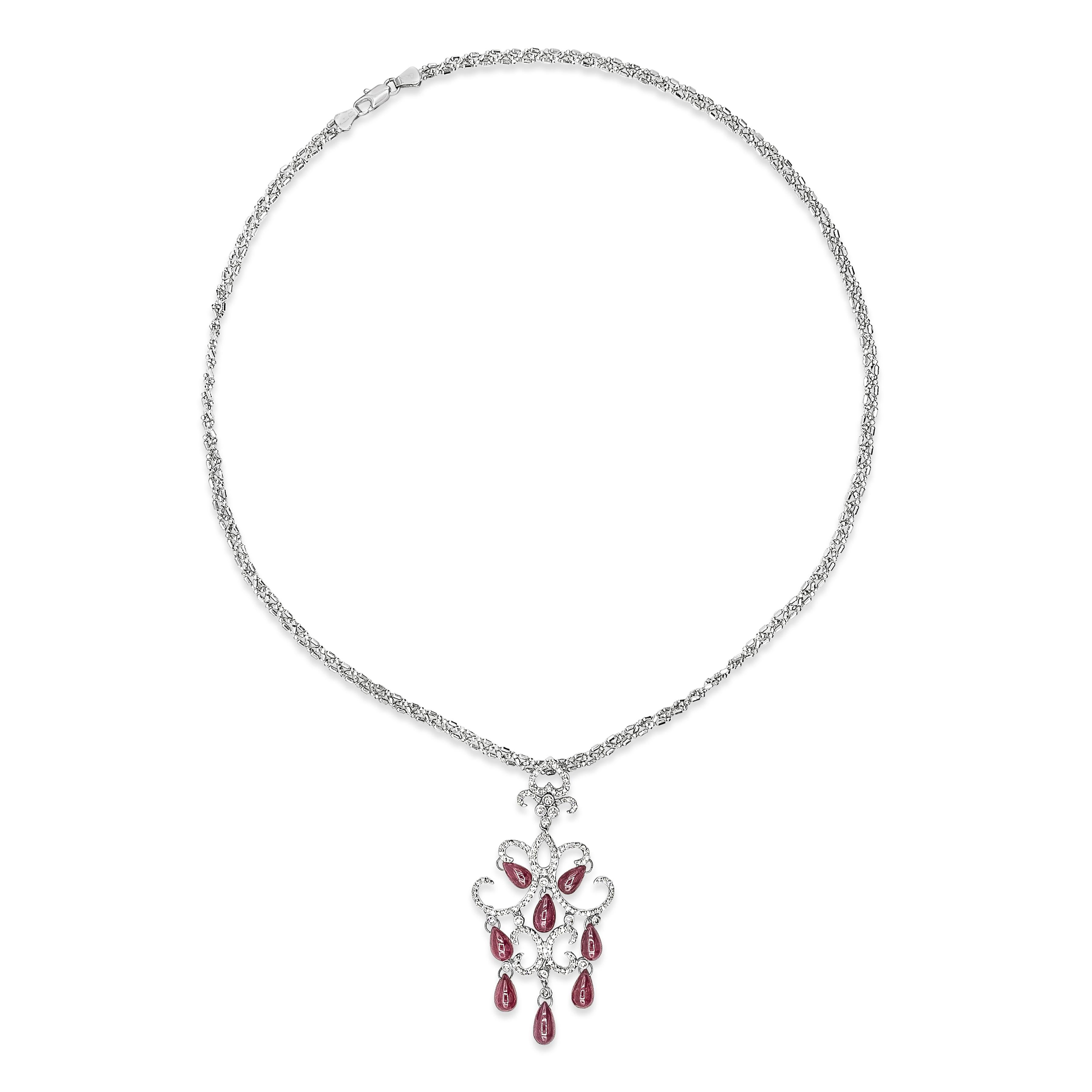 Contemporary 16.25 Carats Briolette Rubies with Round Cut Diamonds Chandelier Necklace For Sale