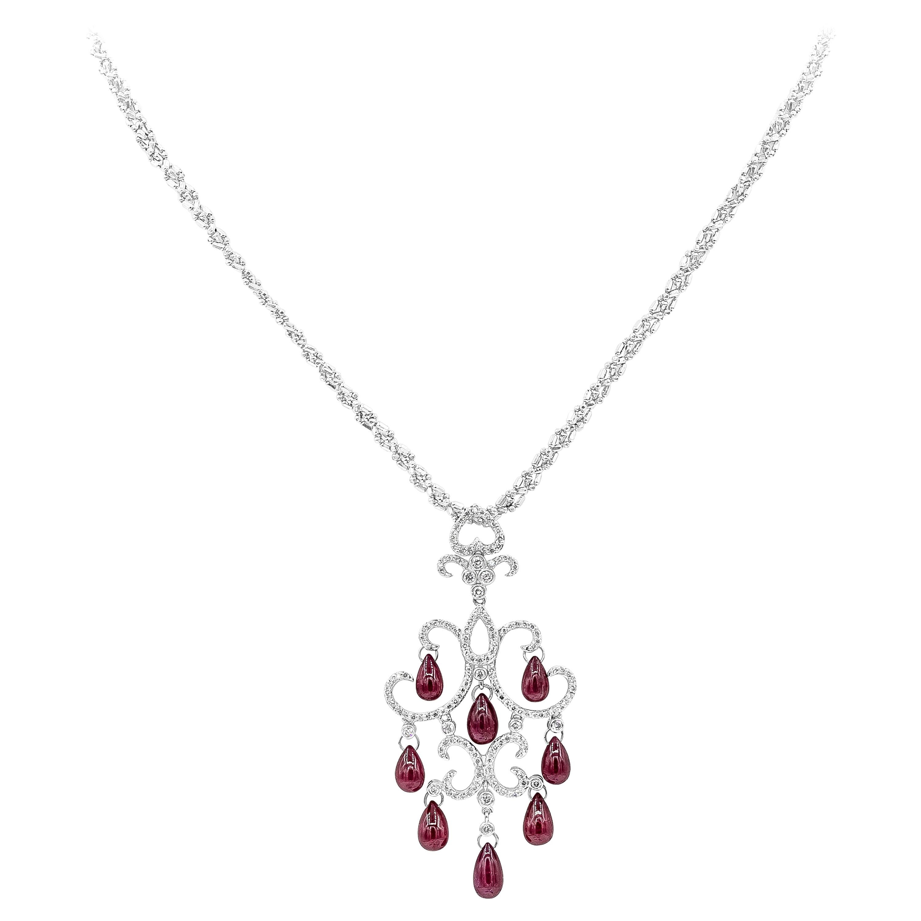 16.25 Carats Briolette Rubies with Round Cut Diamonds Chandelier Necklace For Sale