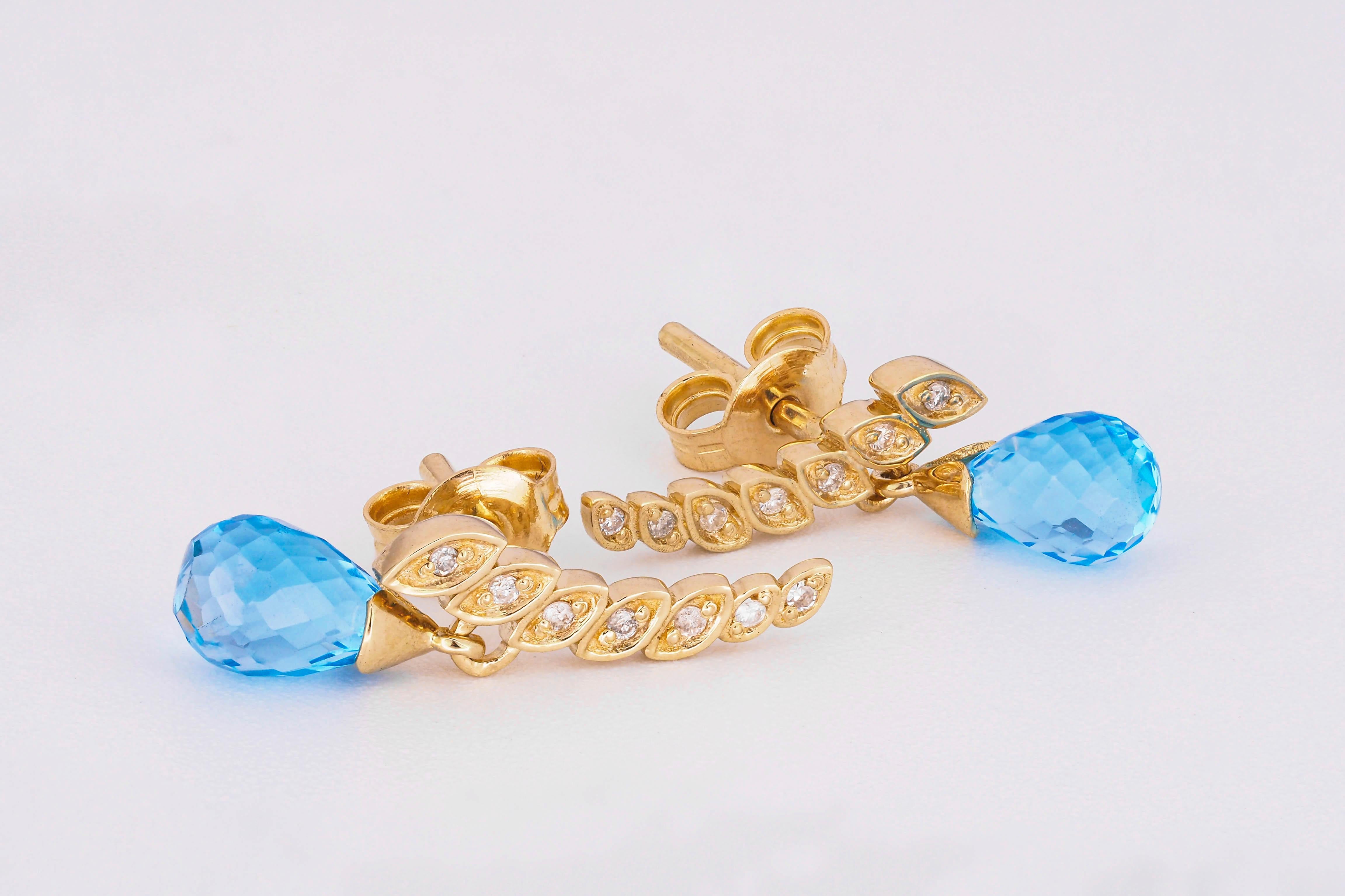 Briolette Cut Briolette topazes earrings studs in 14k gold.  For Sale
