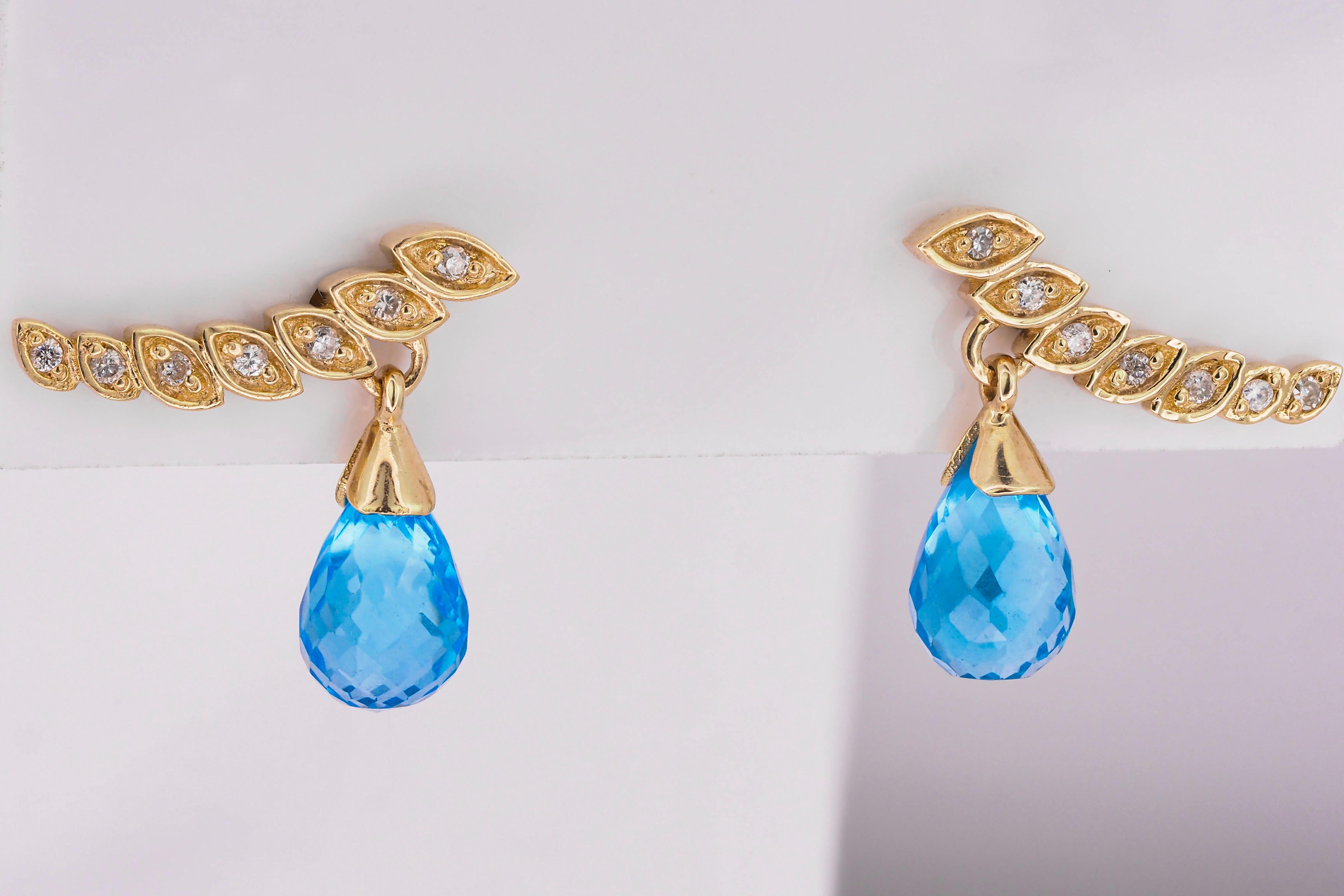 Women's Briolette topazes earrings studs in 14k gold.  For Sale