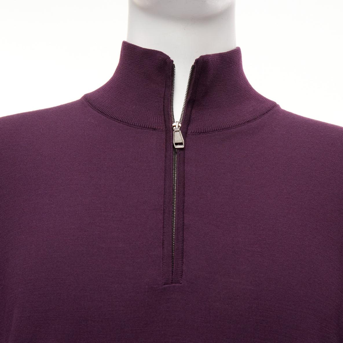BRIONI 100% wool eggplant purple silk trimmed half zip long sleeve sweater
Reference: JSLE/A00124
Brand: Brioni
Material: Wool, Silk
Color: Purple
Pattern: Solid
Closure: Zip
Extra Details: Front logo zip.
Made in: Italy

CONDITION:
Condition: Good,