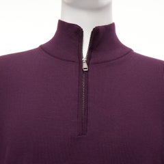 BRIONI 100% wool eggplant purple silk trimmed half zip long sleeve sweater