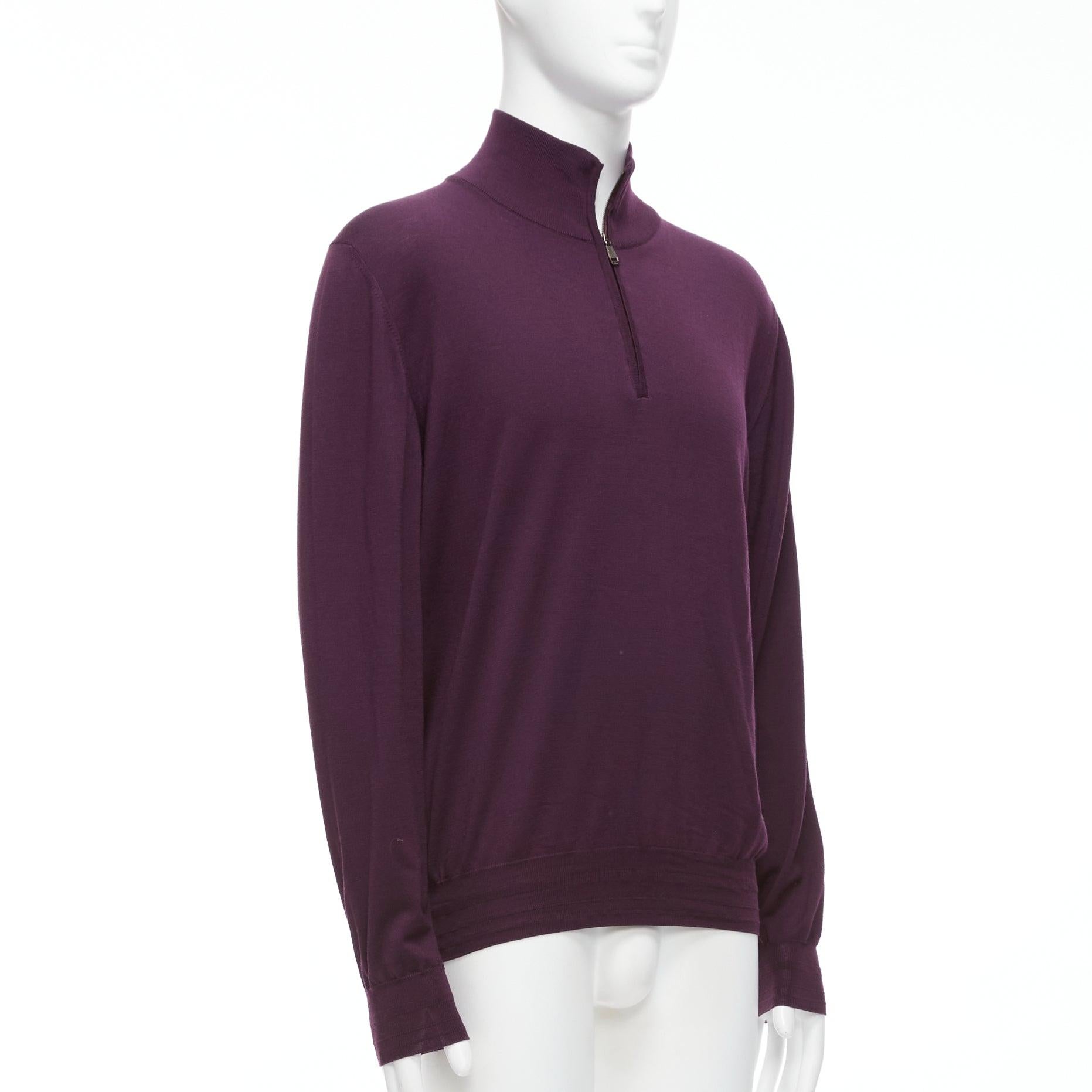 BRIONI 100% wool eggplant purple silk trimmed half zip long sleeve sweater In Good Condition For Sale In Hong Kong, NT