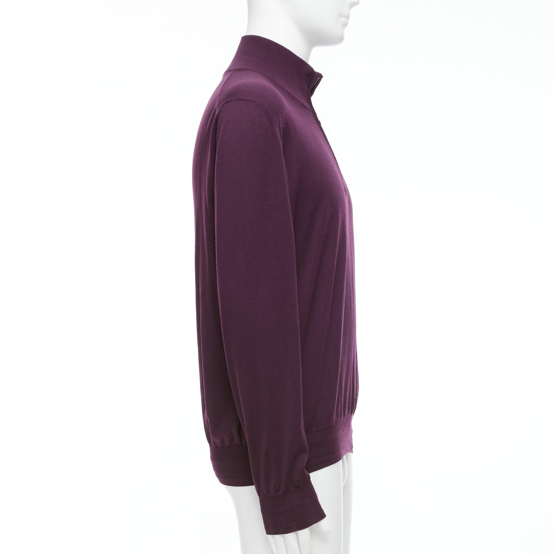 BRIONI 100% wool eggplant purple silk trimmed half zip long sleeve sweater In Good Condition For Sale In Hong Kong, NT