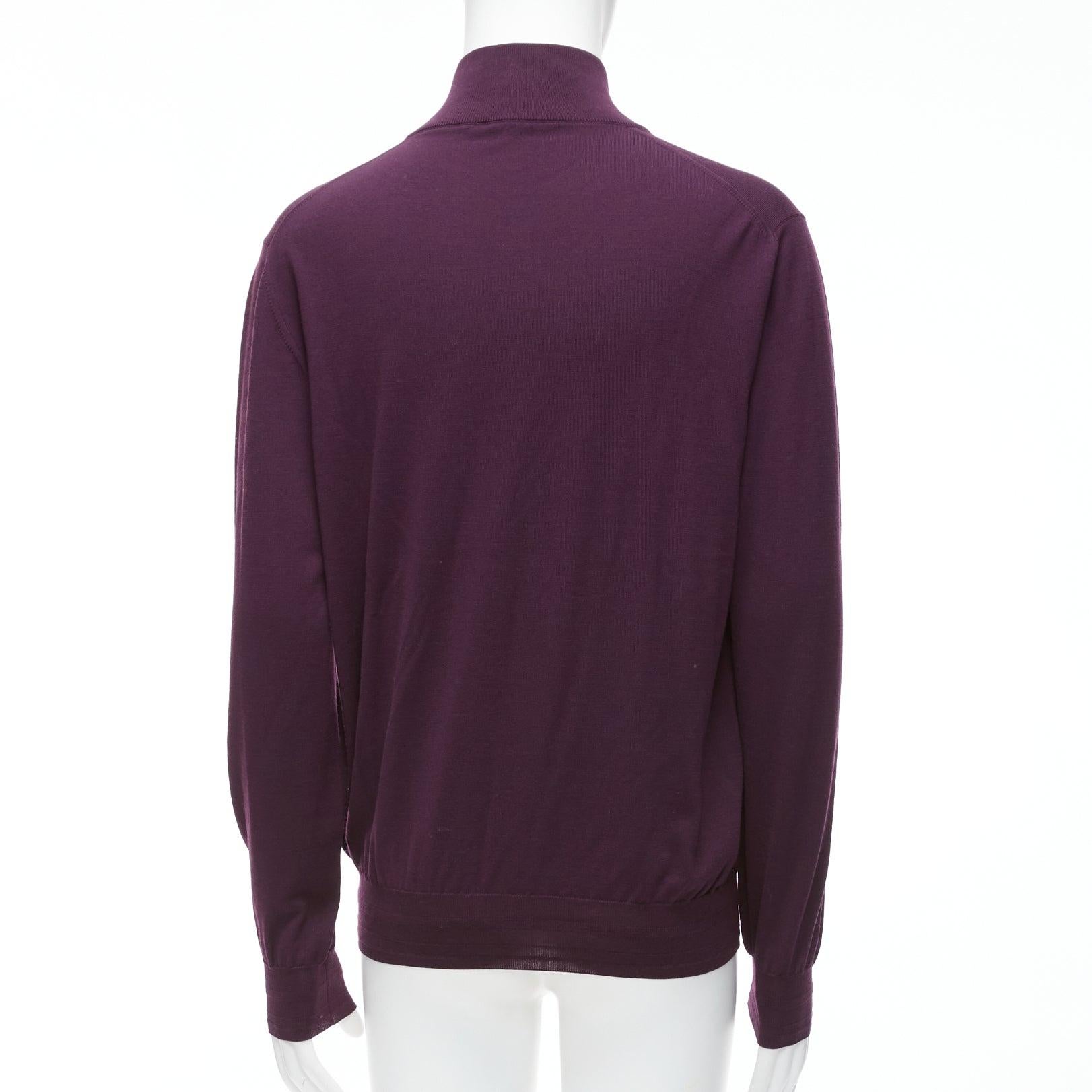 Men's BRIONI 100% wool eggplant purple silk trimmed half zip long sleeve sweater For Sale