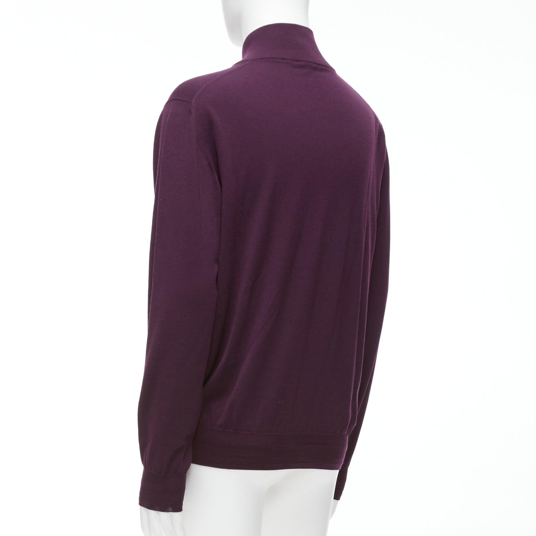 BRIONI 100% wool eggplant purple silk trimmed half zip long sleeve sweater For Sale 2