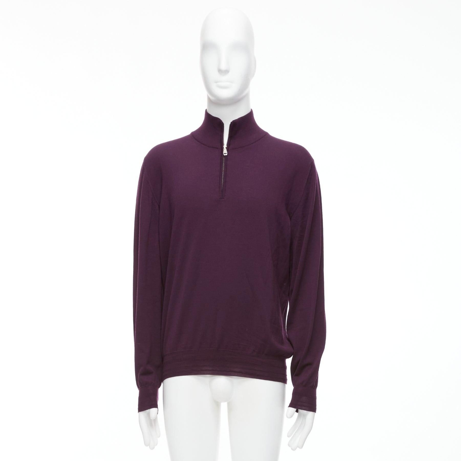 BRIONI 100% wool eggplant purple silk trimmed half zip long sleeve sweater For Sale 5