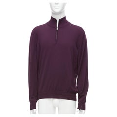 BRIONI 100% Wolle aubergine lila Seidenbesatz halber Reißverschluss langarm Pullover