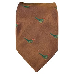 BRIONI Cravatta in seta con stampa uccello marrone e verde