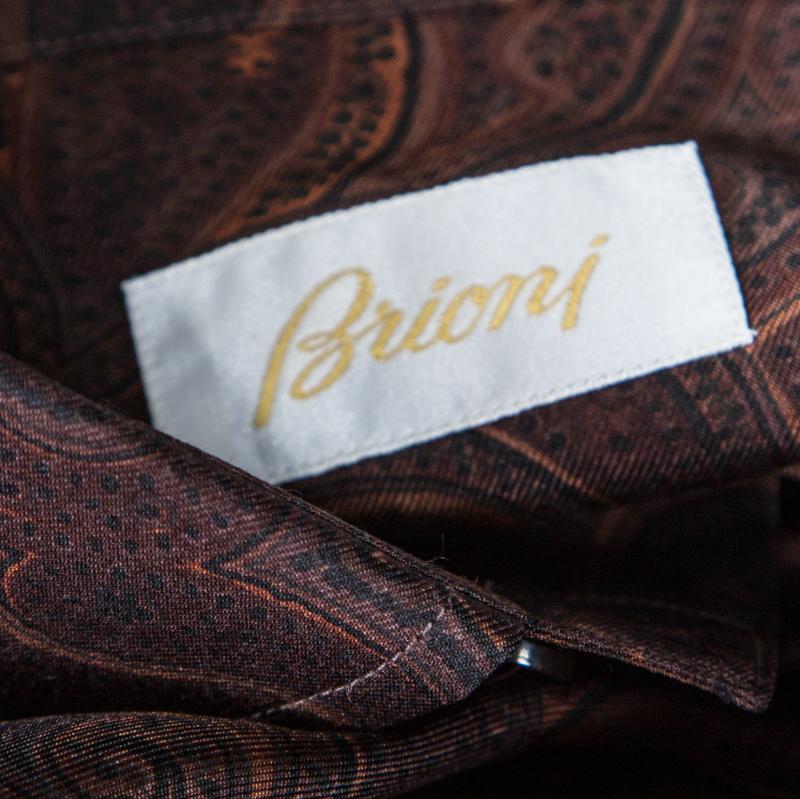 Brioni Brown Paisley Printed Silk Button Front Shirt L 1