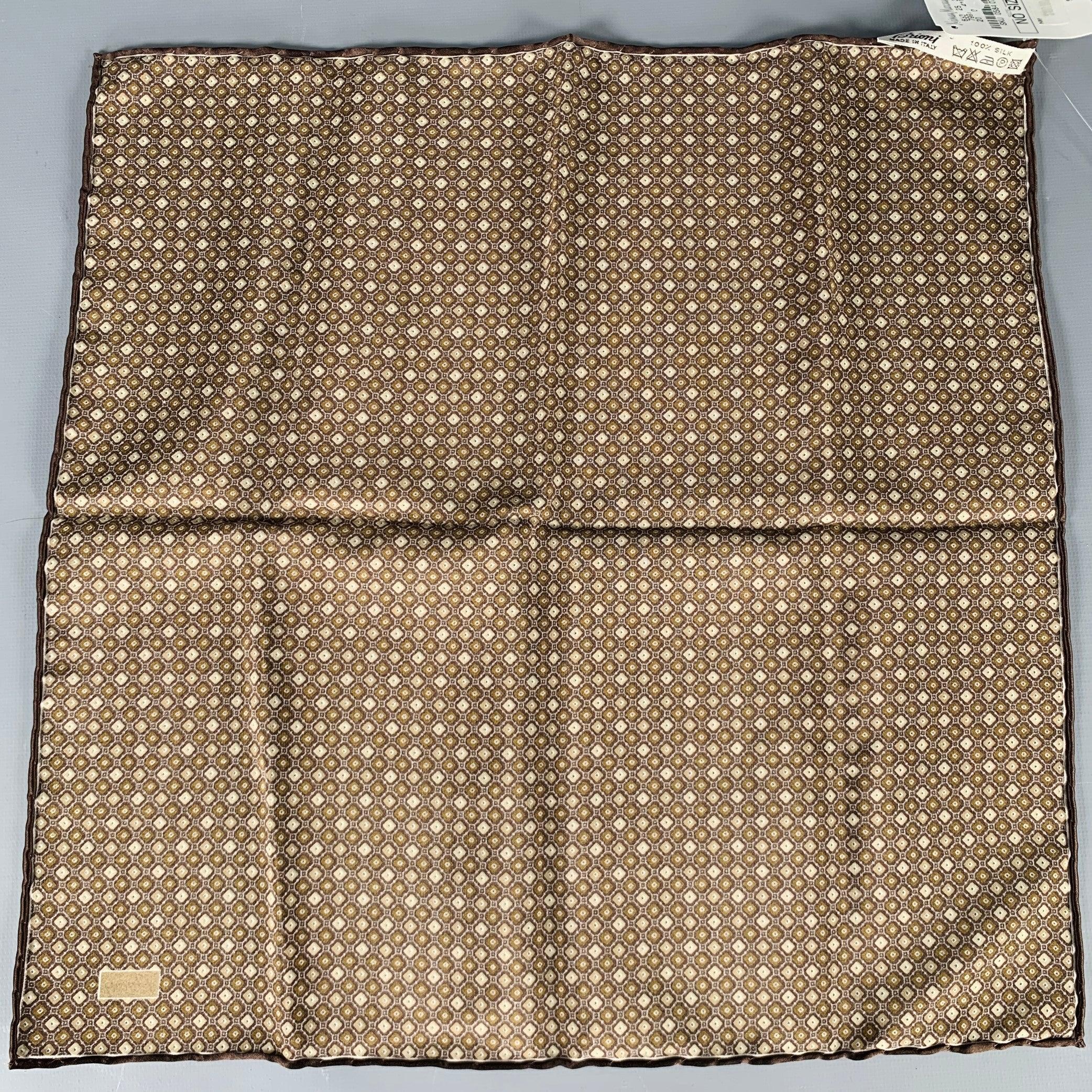 Black BRIONI Brown Taupe Abstrack Floral Silk Pocket Square