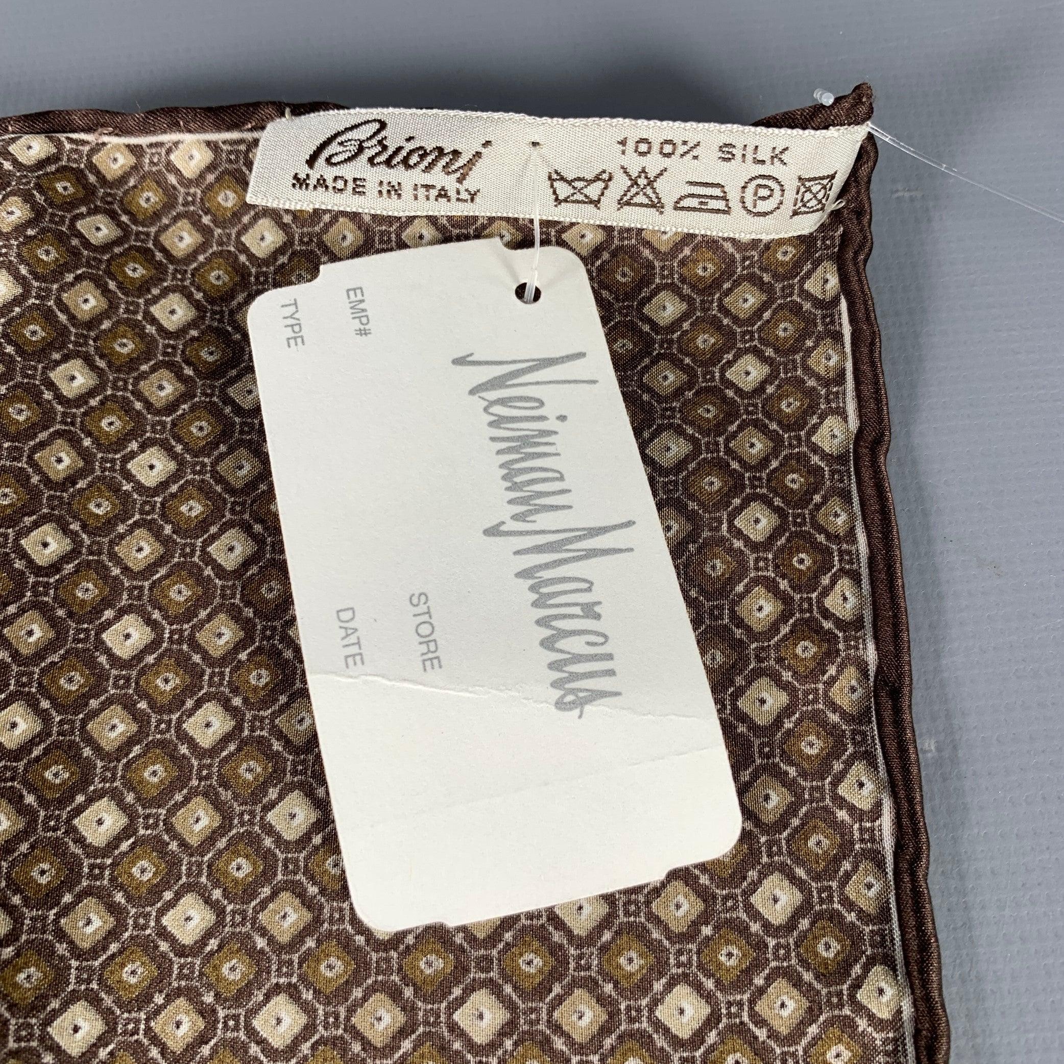 BRIONI Brown Taupe Abstrack Floral Silk Pocket Square In Excellent Condition In San Francisco, CA