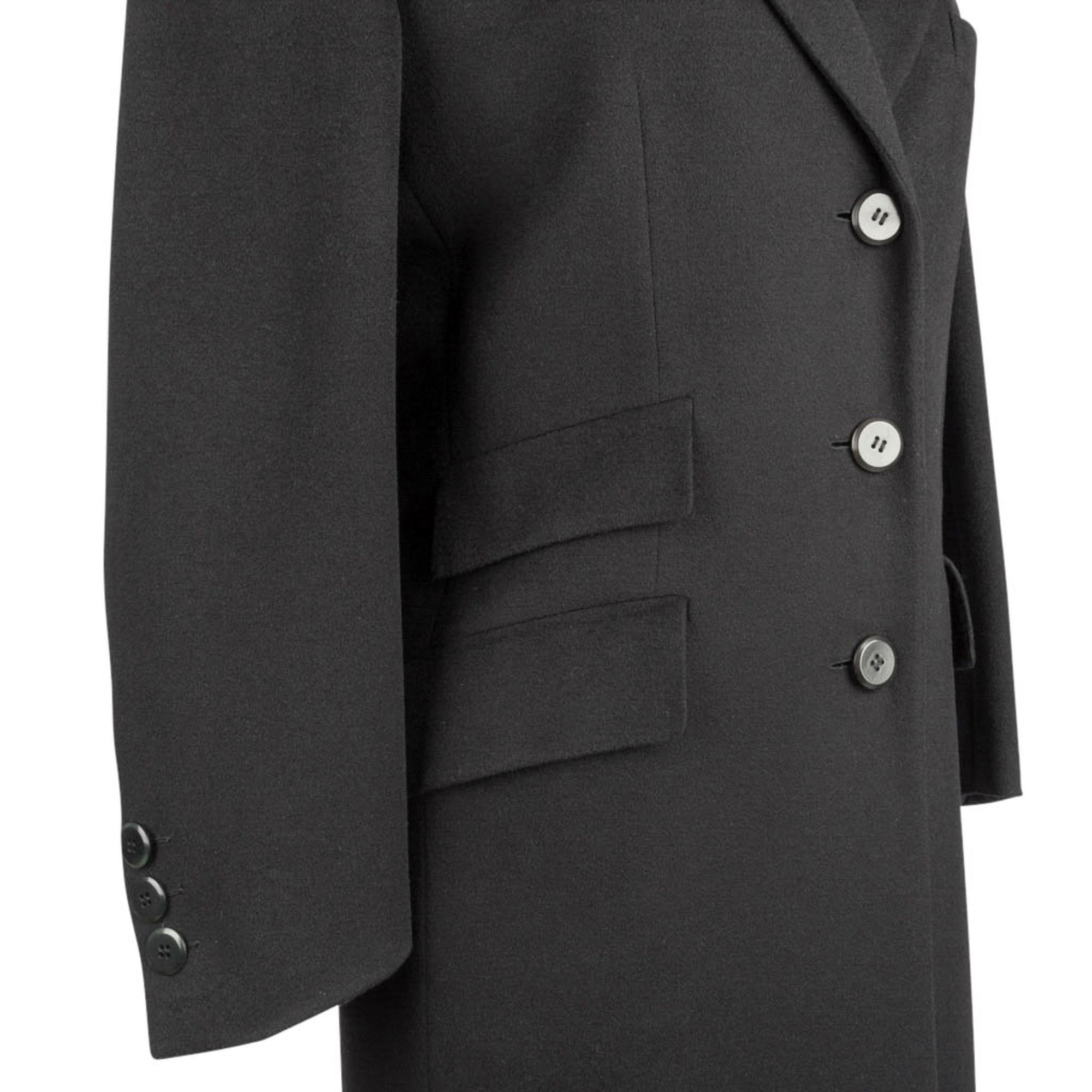 Guaranteed authentic Donna Brioni classic maxi Cashmere black coat.  
Chic, classic, timeless - the most perfect elements.
3 Button single breast.
Right side has the two pockets English element.  The smaller upper pocket is faux.
Breast pocket on