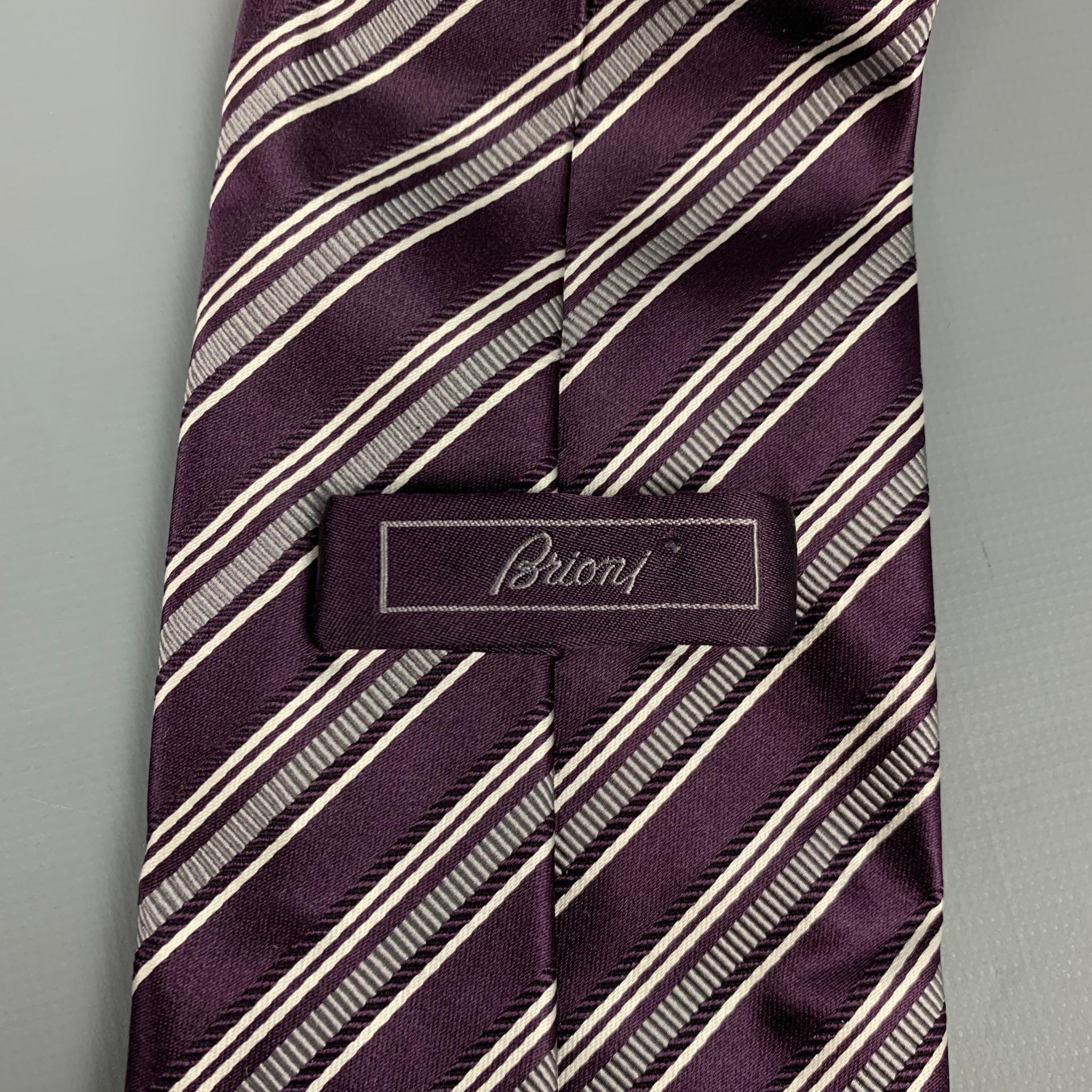 Black BRIONI Eggplant & White Stripe Silk / Cotton Tie