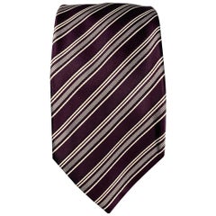 BRIONI Eggplant & White Stripe Silk / Cotton Tie