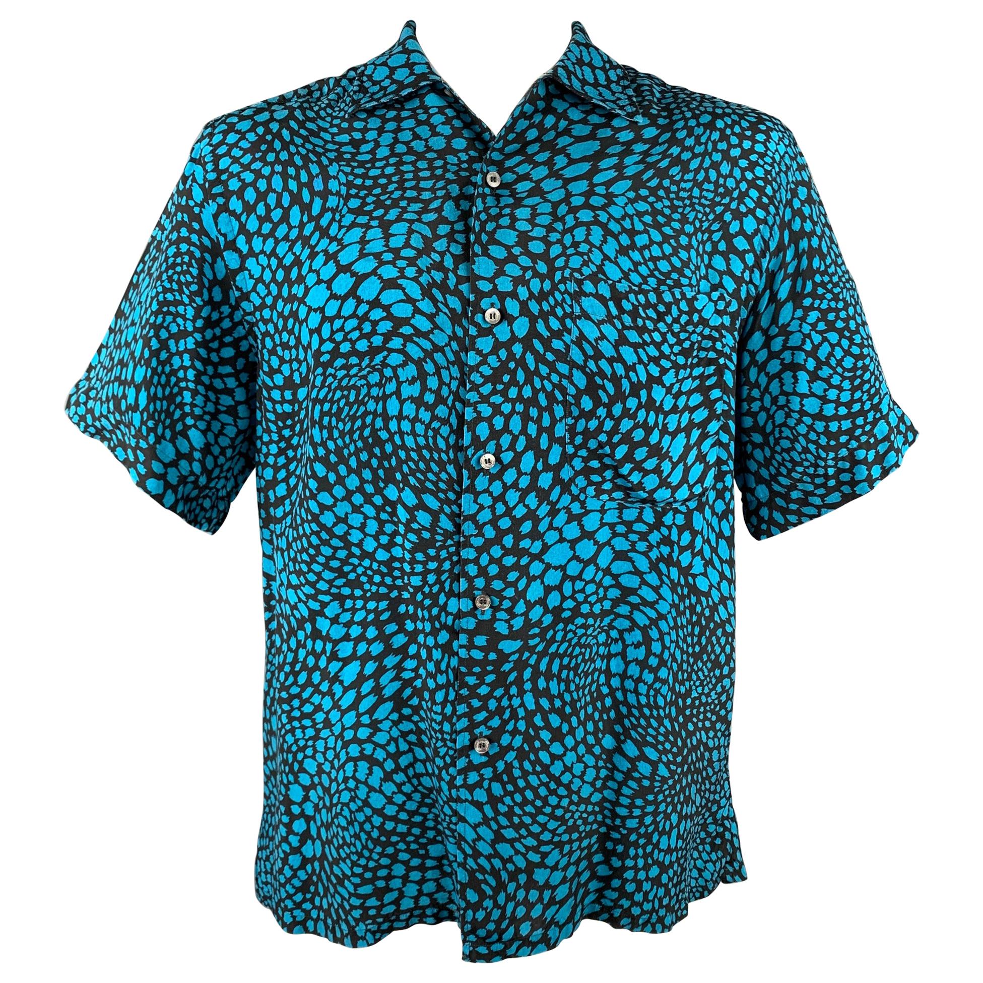 BRIONI for NEIMAN MARCUS Size M Aqua & Black Print Rayon Button Up Shirt