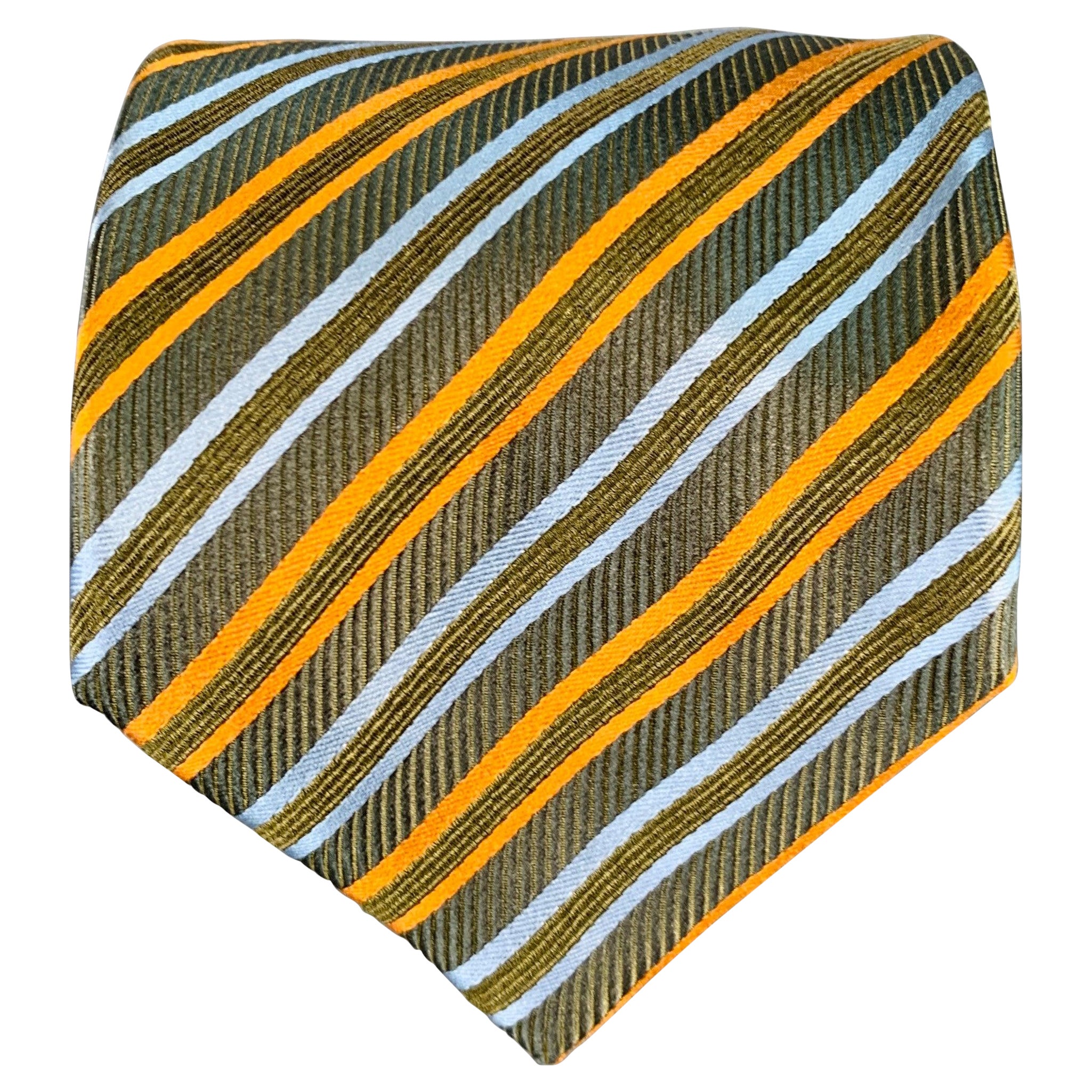 BRIONI Green Blue Orange Diagonal Stripe Silk Cotton Tie