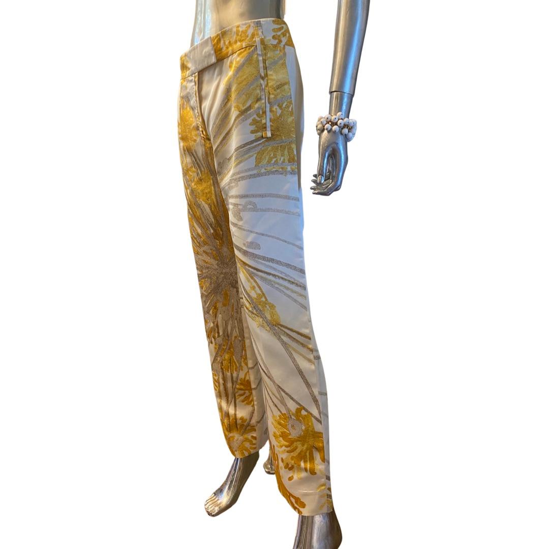 Brioni Italien Maßgeschneiderte Hose aus Seide mit Blumendruck Größe 6 (Braun) im Angebot