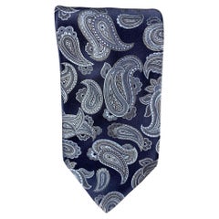 BRIONI Navy Blue Paisley Silk Satin Tie