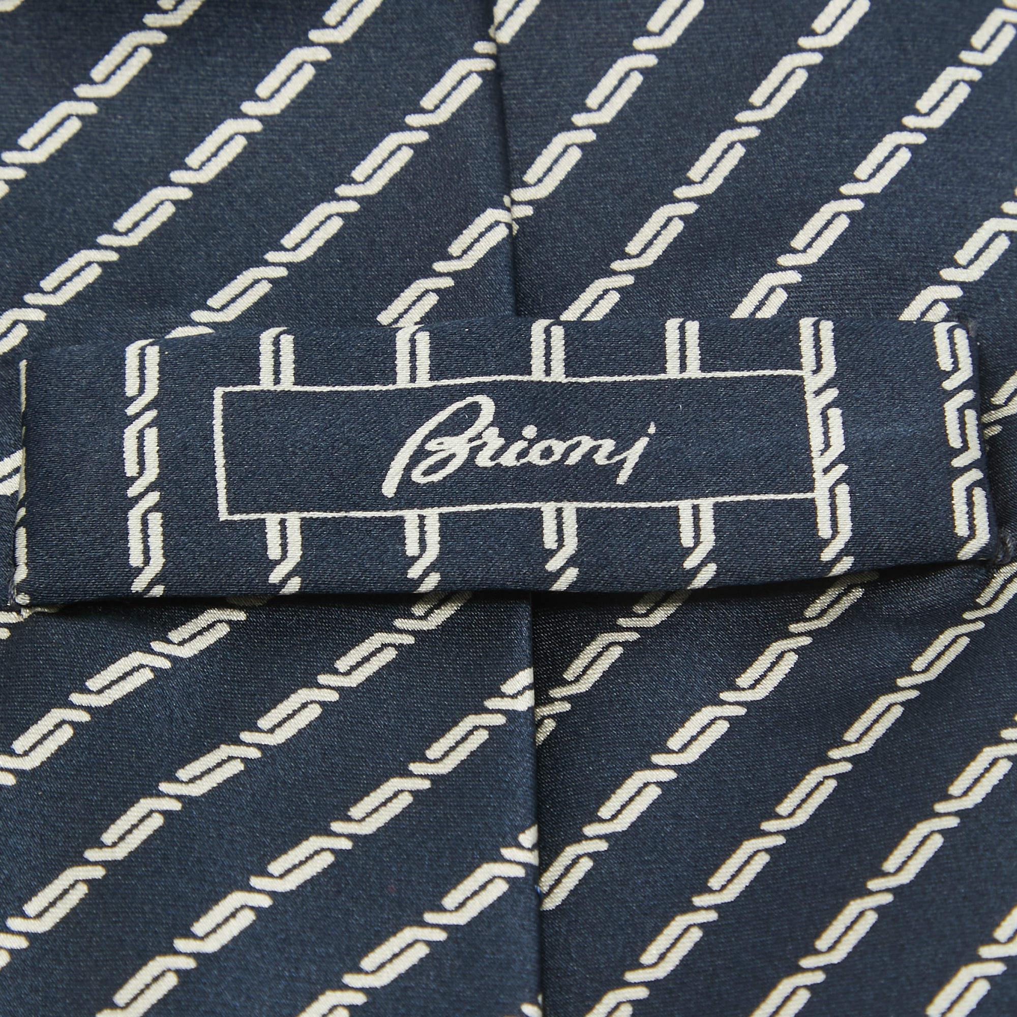 Black Brioni Navy Blue Striped Silk Traditional Tie For Sale