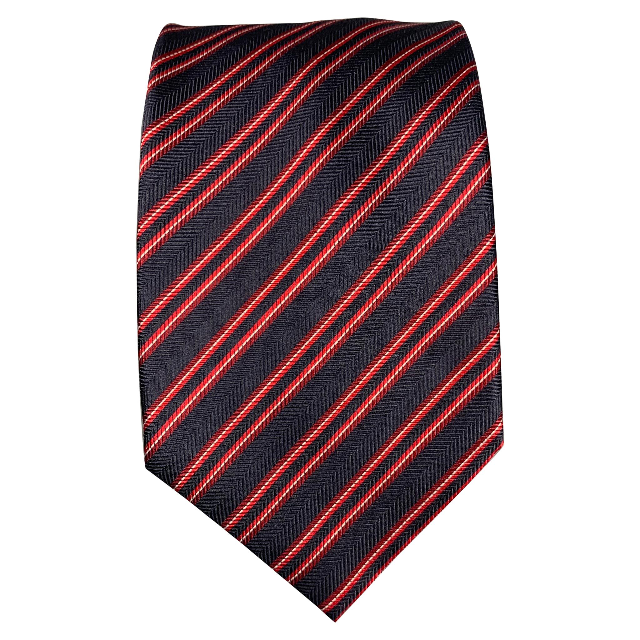 BRIONI Navy & Red Stripe Silk Tie