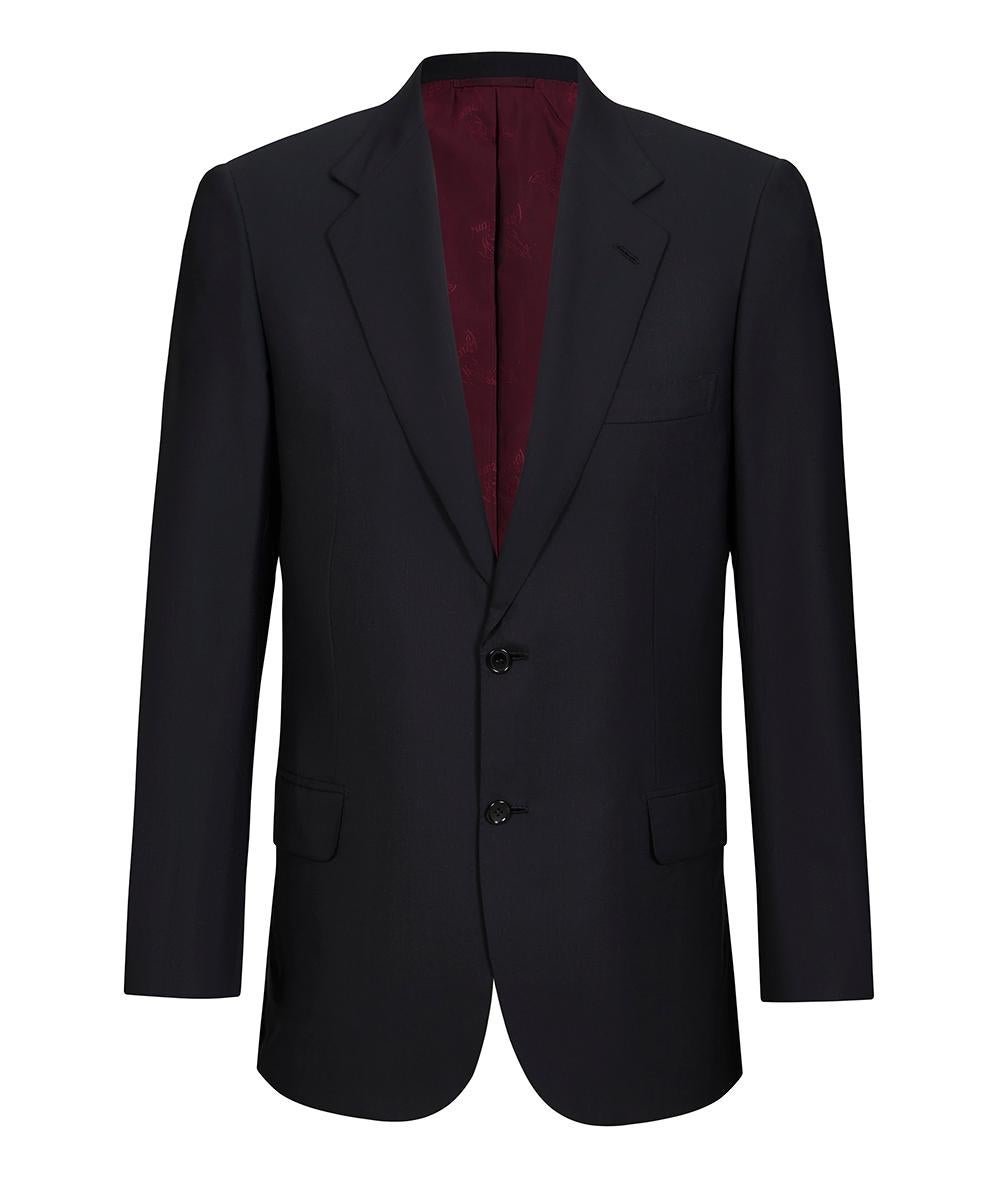 Jacket: Notched lapels; 3 pockets; Two-button fastening; 4 Button cuffs. Trousers: Slip pockets; Buttoned pockets to reverse; Hook and bar and button fastening with concealed zip fly; Pressed creases. Tailored. 100% Wool Supra 150s. Inside: branded