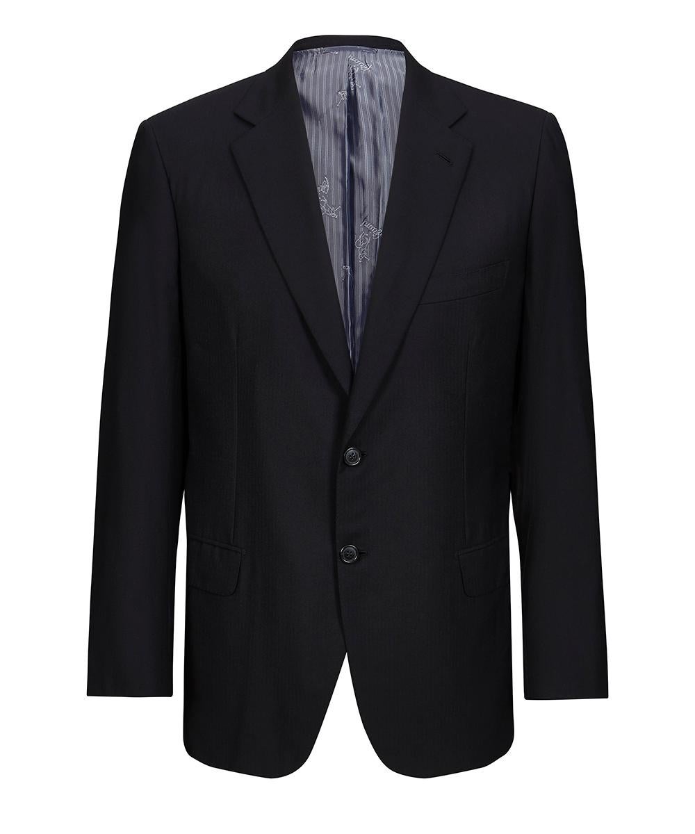 Jacket: Notched lapels; 3 pockets; Two-button fastening; 4 Button cuffs. Trousers: Slip pockets; Buttoned pockets to reverse; Hook and bar and button fastening with concealed zip fly; Pressed creases. Tailored. Pure wool 150s. Inside: branded cupro