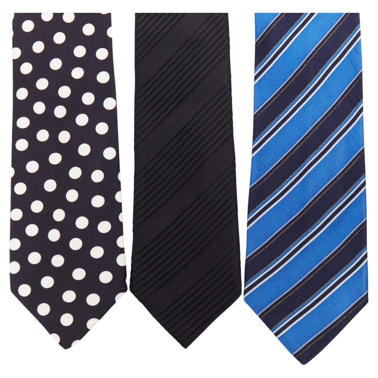 Brioni Set di 3 cravatte da abito in 100% seta blu a righe diagonali con pieghe bianche a pois in vendita