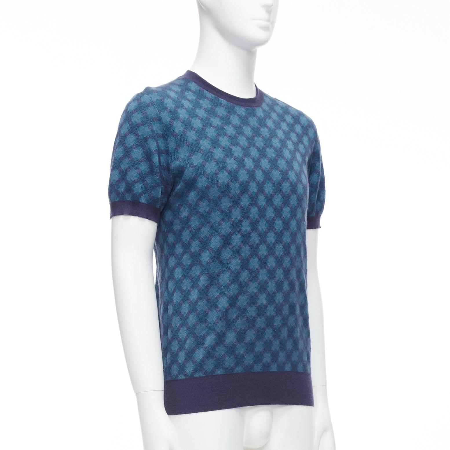 BRIONI silk cashmere blue navy diagonal check short sleeve sweater IT50 L In Fair Condition For Sale In Hong Kong, NT