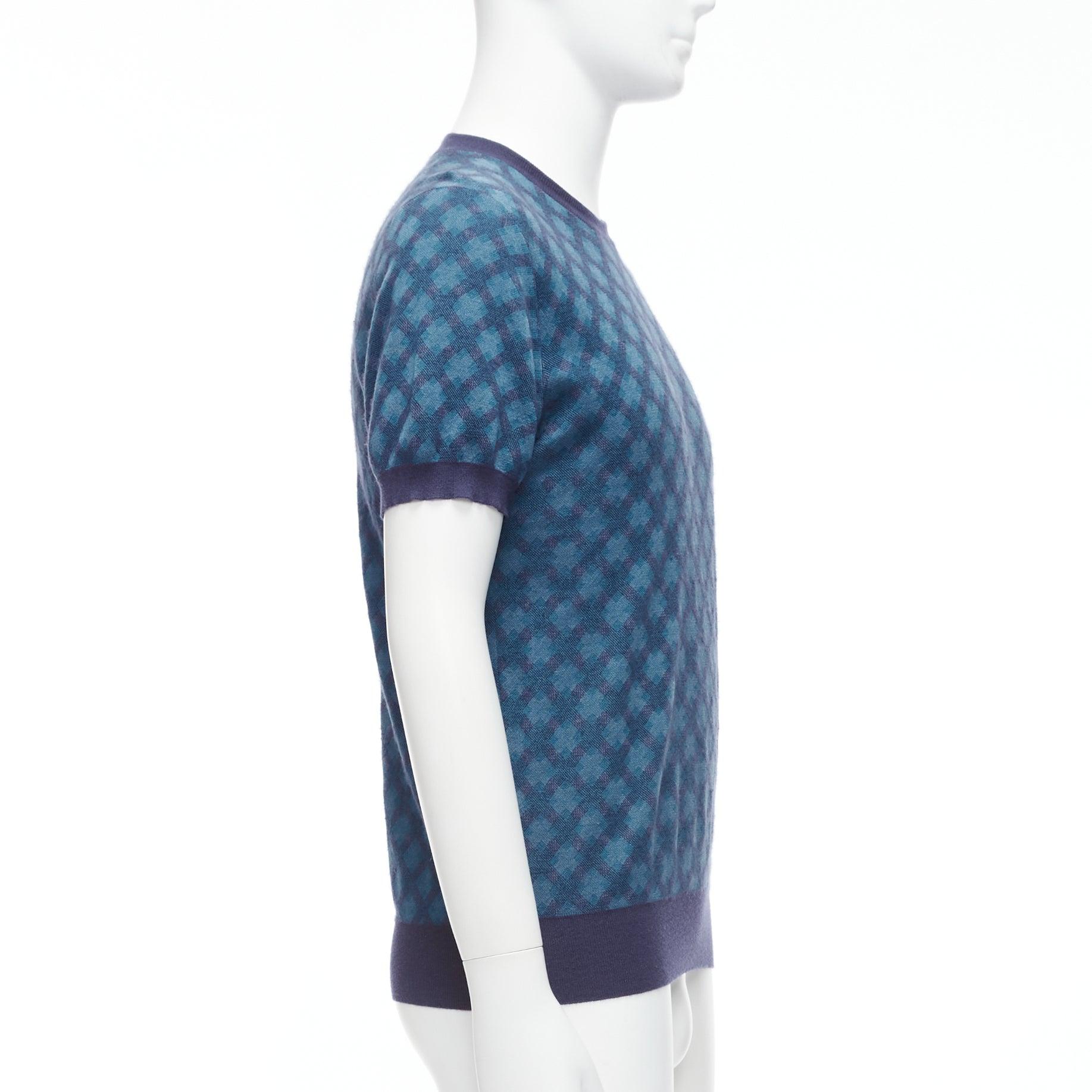 BRIONI silk cashmere blue navy diagonal check short sleeve sweater IT50 L In Fair Condition For Sale In Hong Kong, NT