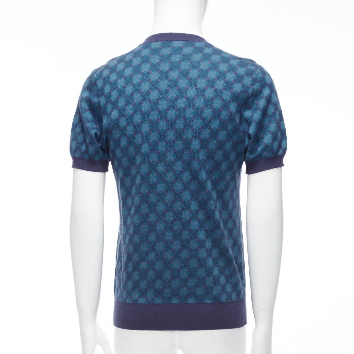 Men's BRIONI silk cashmere blue navy diagonal check short sleeve sweater IT50 L For Sale
