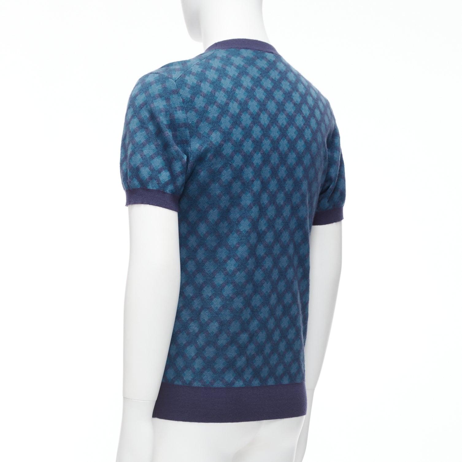 BRIONI silk cashmere blue navy diagonal check short sleeve sweater IT50 L For Sale 1
