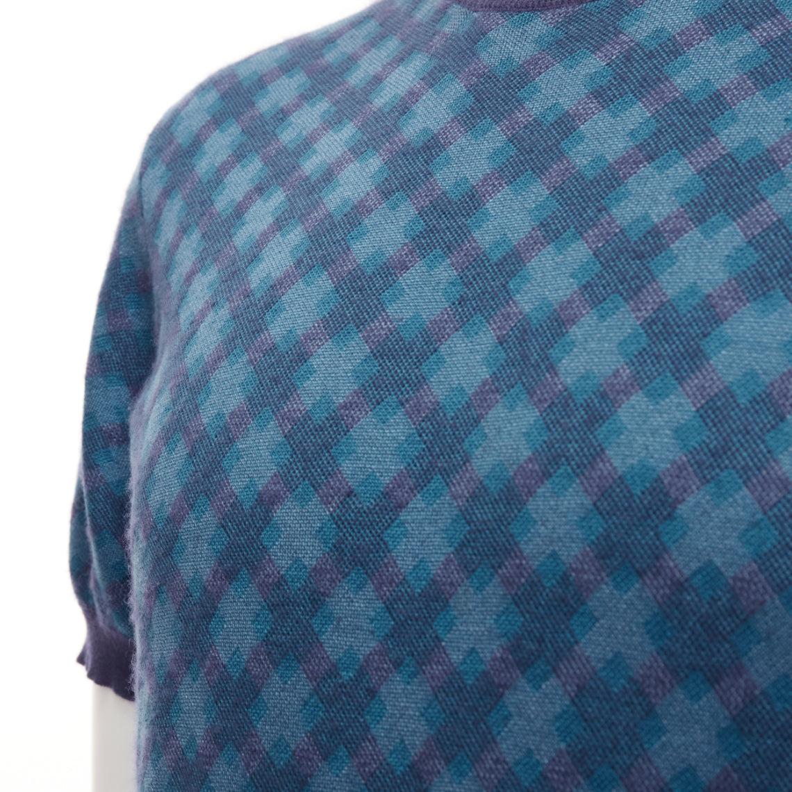 BRIONI silk cashmere blue navy diagonal check short sleeve sweater IT50 L For Sale 2