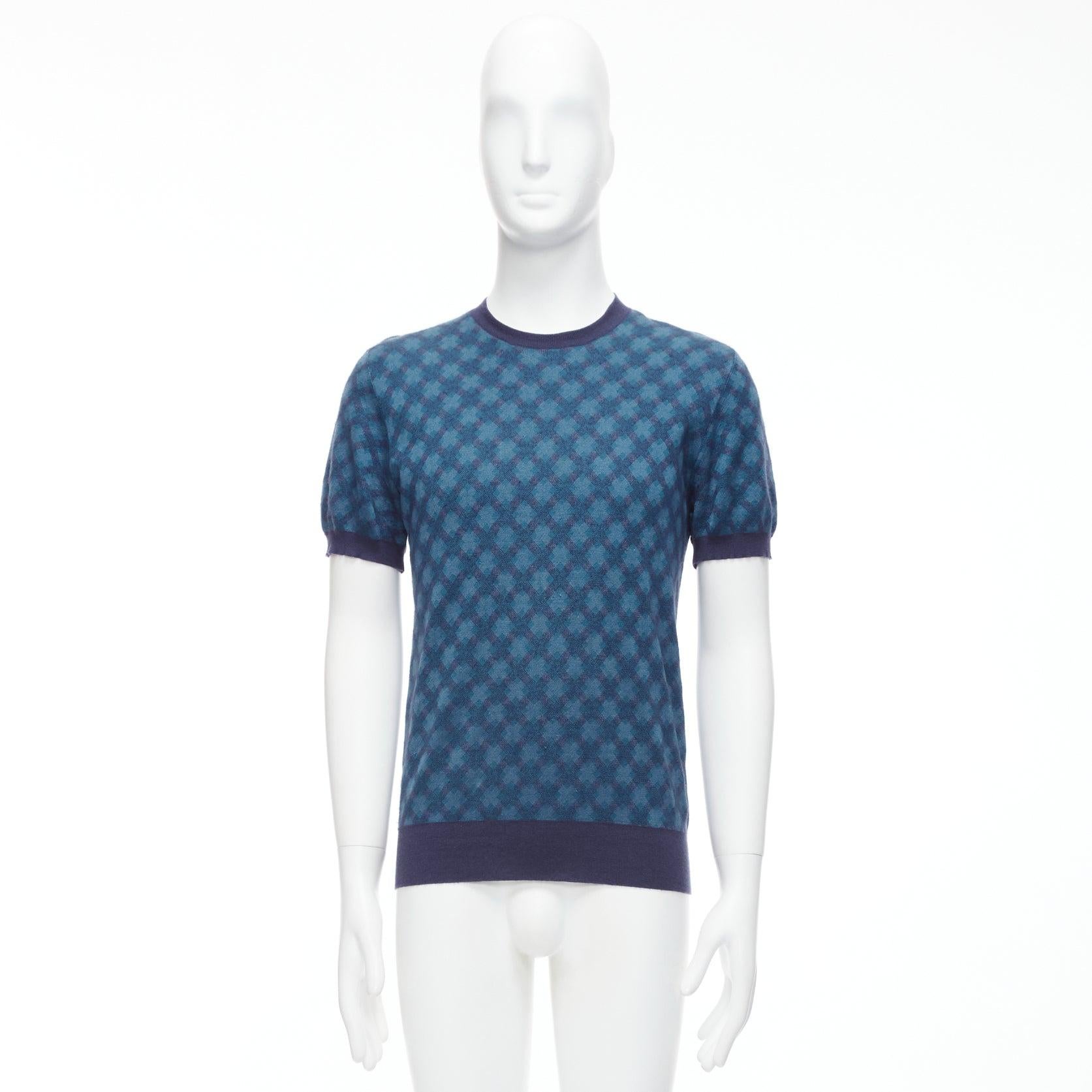 BRIONI silk cashmere blue navy diagonal check short sleeve sweater IT50 L For Sale 5
