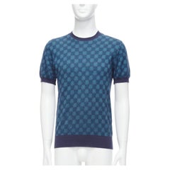 BRIONI jersey de seda cachemira azul marino cuadros diagonales manga corta IT50 L
