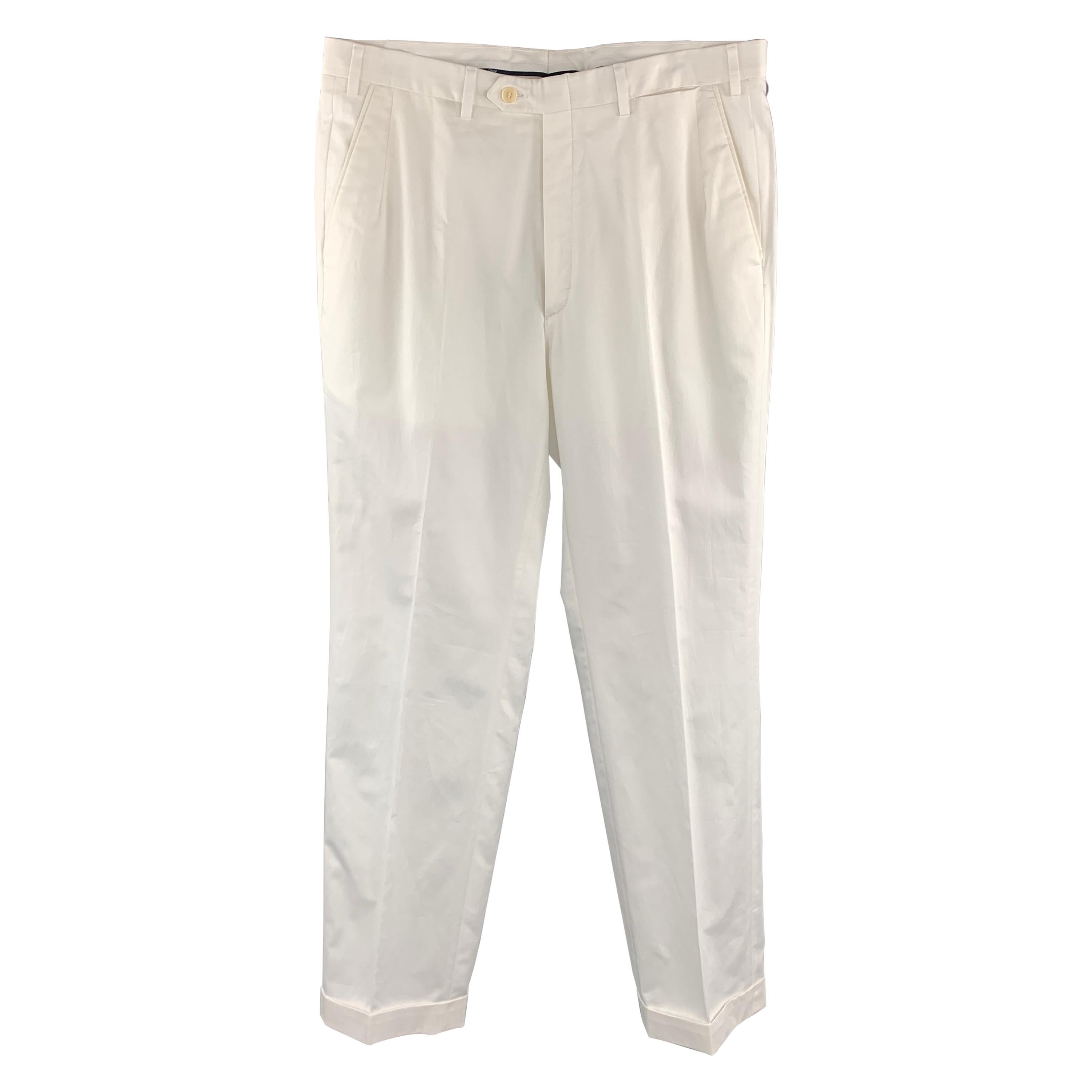 BRIONI Size 34 White Cotton Front Tab Zip Fly Cuffed Dress Pants