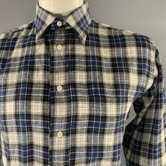 BRIONI Size L Blue Black White Plaid Linen Pointed Collar Long Sleeve Shirt