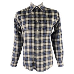 BRIONI Size L Blue Black White Plaid Linen Pointed Collar Long Sleeve Shirt