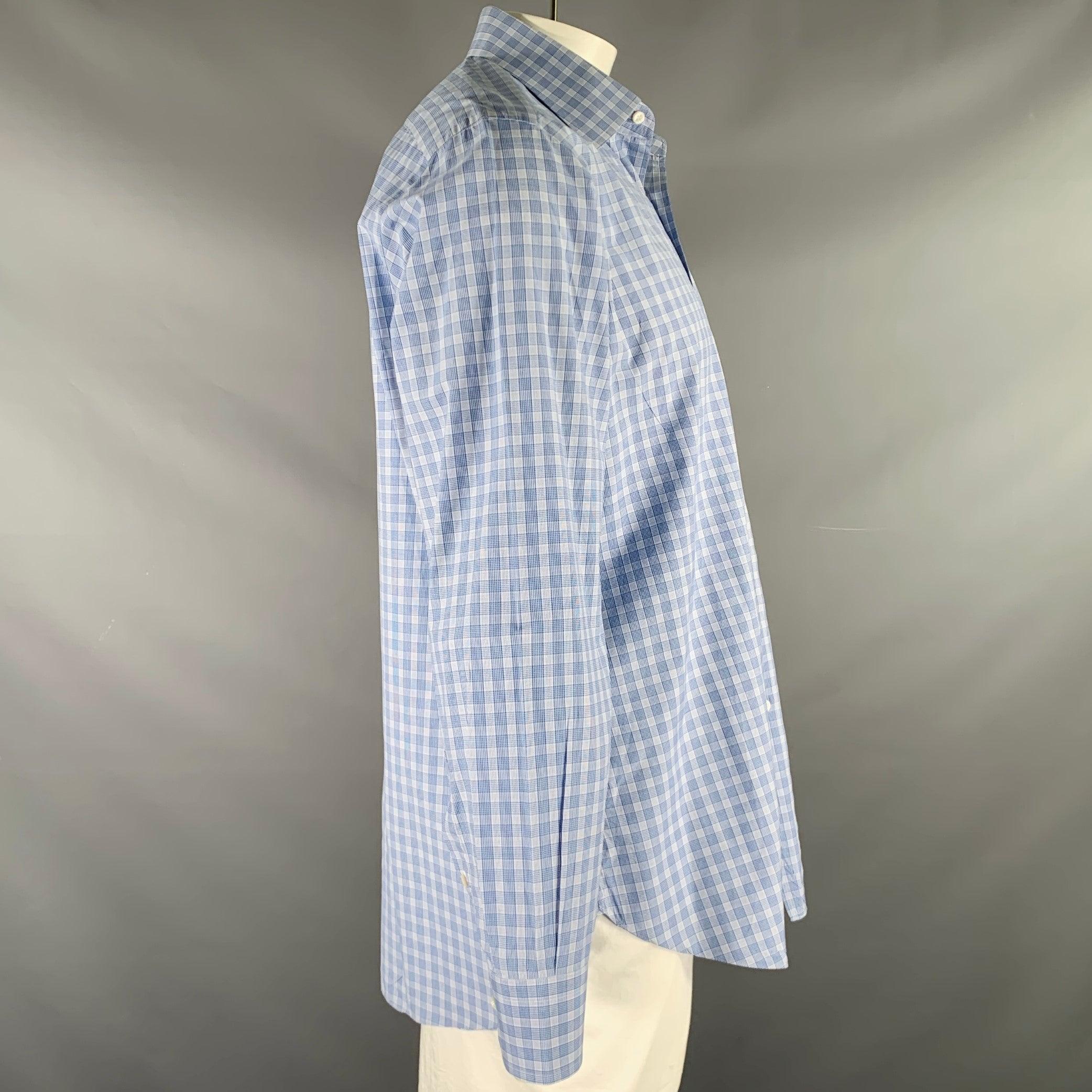 Gray BRIONI Size L Blue Light Blue Plaid Cotton Button Up Long Sleeve Shirt For Sale