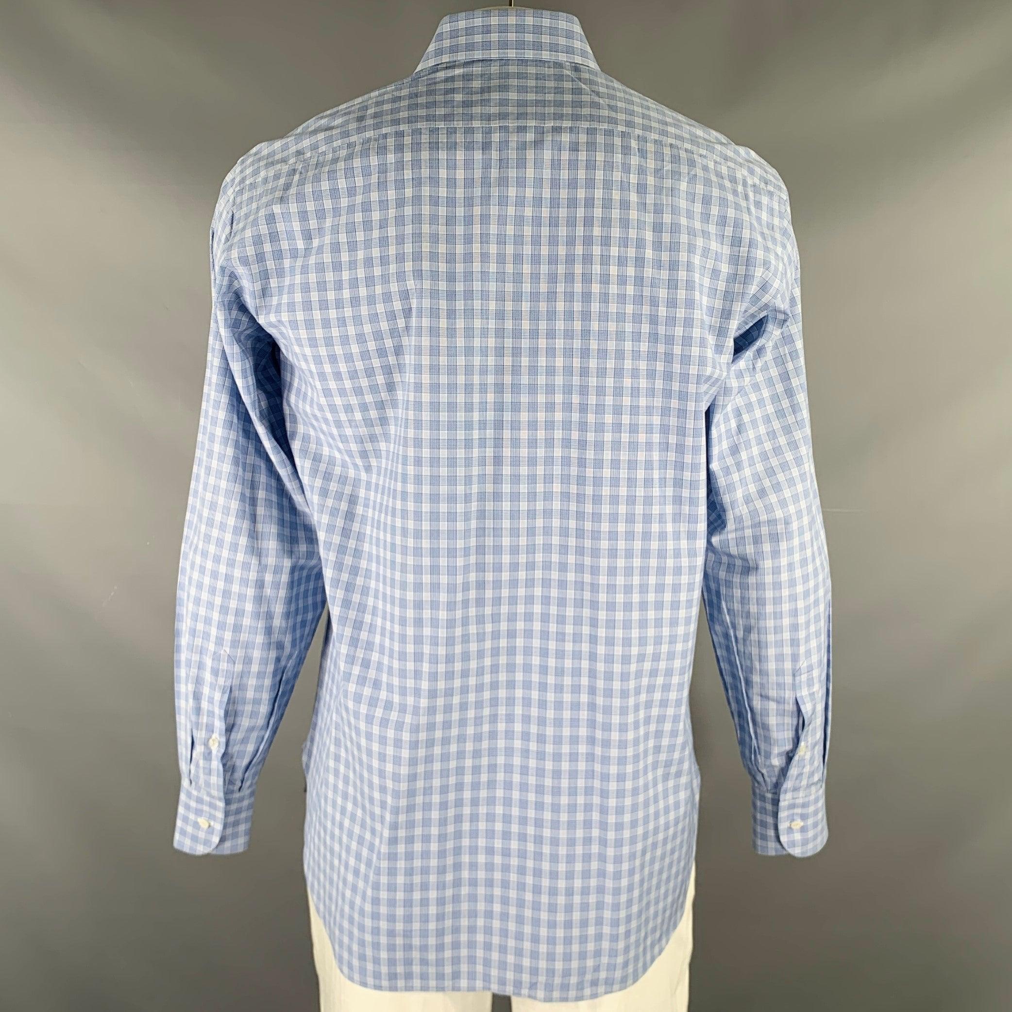 BRIONI Size L Blue Light Blue Plaid Cotton Button Up Long Sleeve Shirt In Excellent Condition For Sale In San Francisco, CA