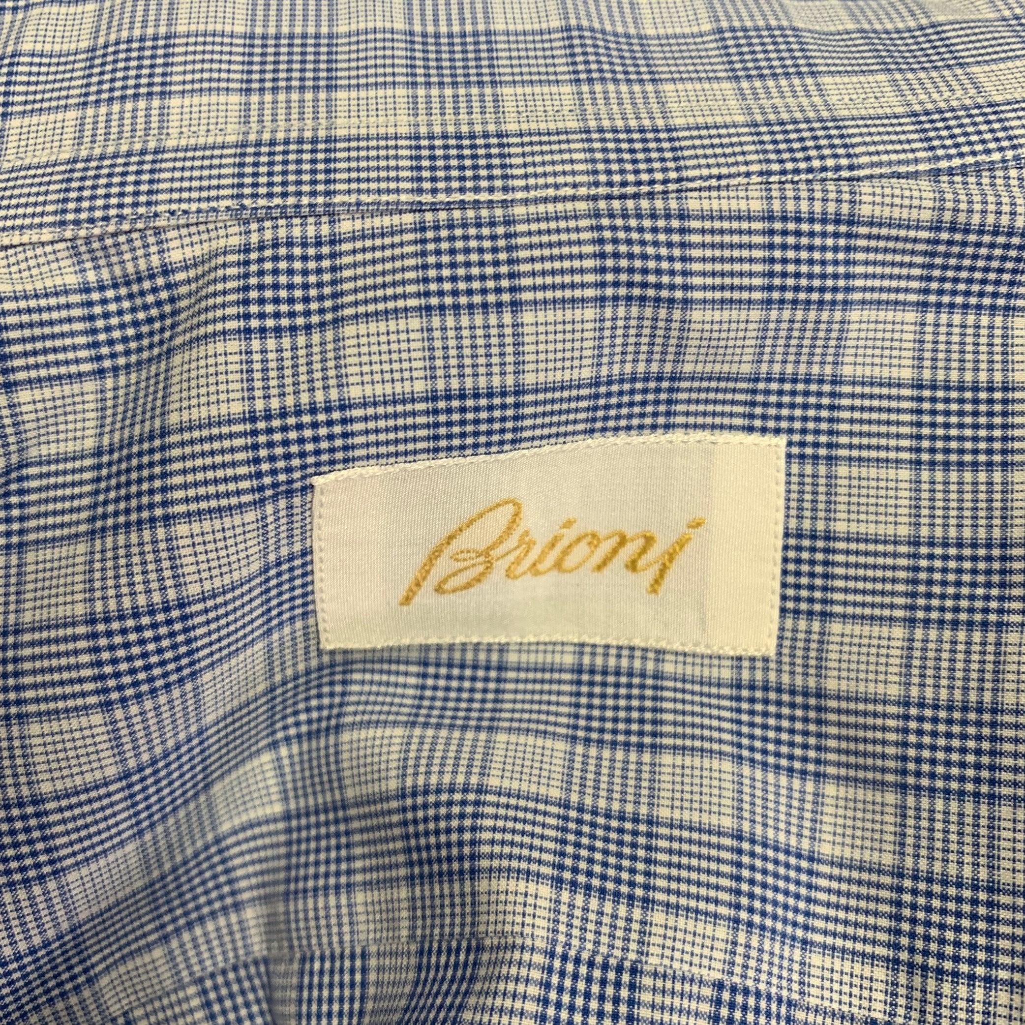 Men's BRIONI Size L Blue Light Blue Plaid Cotton Button Up Long Sleeve Shirt For Sale