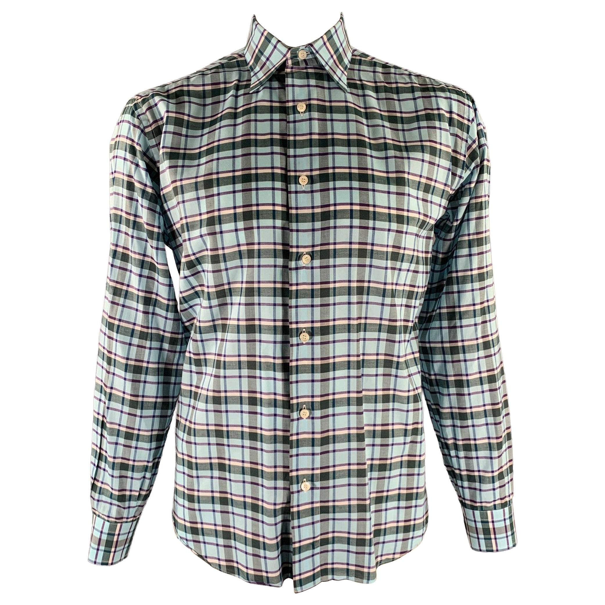 Brioni Taglia L Blu Viola Verde Plaid Cotone Colletto a punta Camicia a maniche lunghe