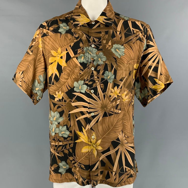 BRIONI Size L Brown and Black Floral Rayon Button Down Short Sleeve ...