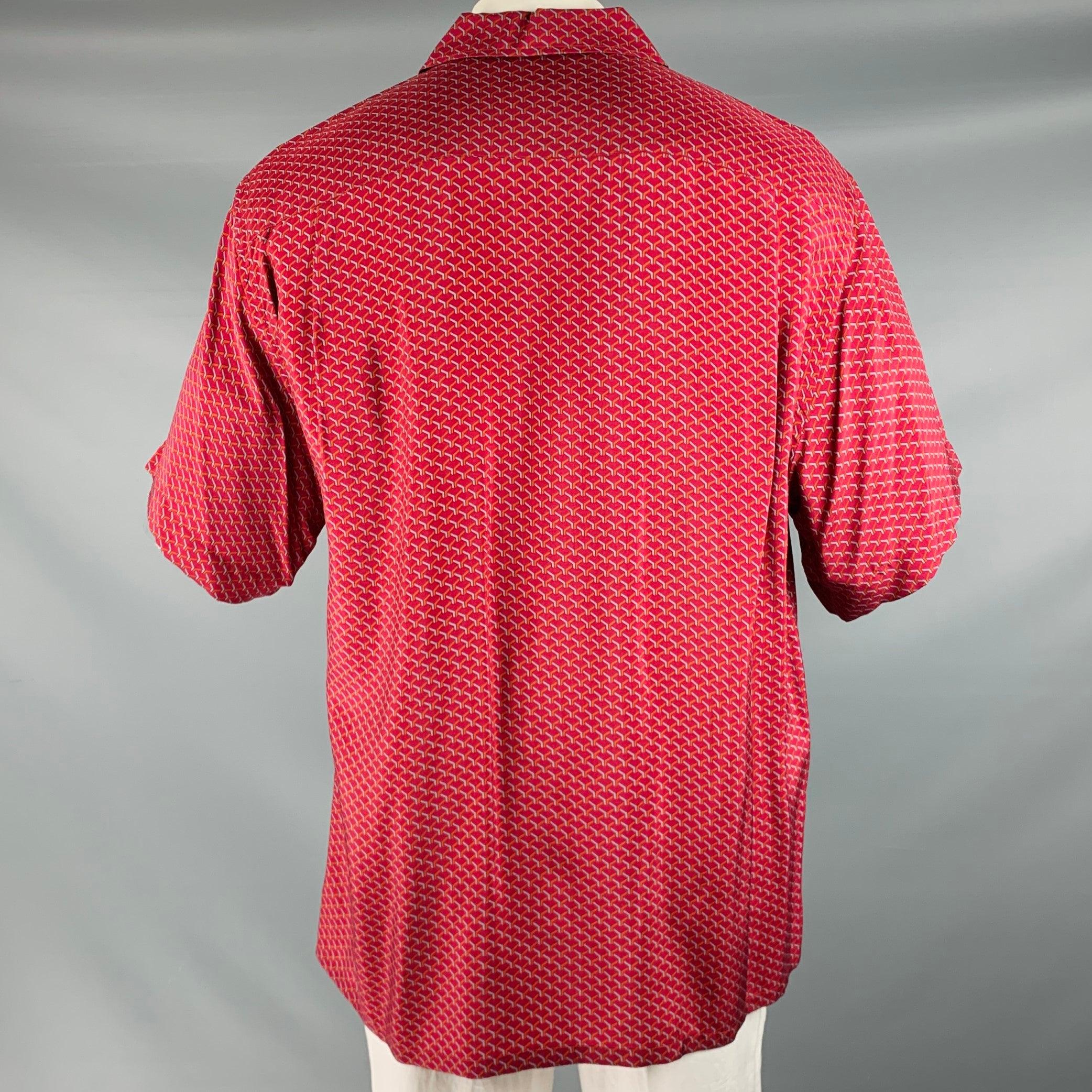 BRIONI Size L Burgundy Orange Blue Geometric Print Rayon Short Sleeve Shirt In Excellent Condition For Sale In San Francisco, CA